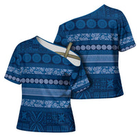 Fiji Marau na Kerisimasi Cross Shoulder Shirt Blue Tapa Masi Inspired Christmas LT9 - Polynesian Pride