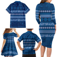 Fiji Marau na Kerisimasi Family Matching Long Sleeve Bodycon Dress and Hawaiian Shirt Blue Tapa Masi Inspired Christmas - Polynesian Pride