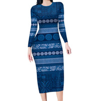 Fiji Marau na Kerisimasi Family Matching Long Sleeve Bodycon Dress and Hawaiian Shirt Blue Tapa Masi Inspired Christmas - Polynesian Pride