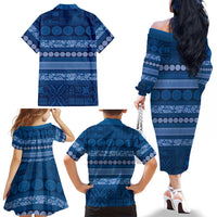 Fiji Marau na Kerisimasi Family Matching Off The Shoulder Long Sleeve Dress and Hawaiian Shirt Blue Tapa Masi Inspired Christmas - Polynesian Pride