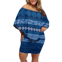 Fiji Marau na Kerisimasi Family Matching Off Shoulder Short Dress and Hawaiian Shirt Blue Tapa Masi Inspired Christmas - Polynesian Pride