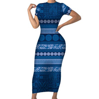 Fiji Marau na Kerisimasi Short Sleeve Bodycon Dress Blue Tapa Masi Inspired Christmas LT9 Long Dress Blue - Polynesian Pride