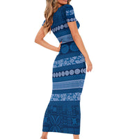 Fiji Marau na Kerisimasi Short Sleeve Bodycon Dress Blue Tapa Masi Inspired Christmas LT9 - Polynesian Pride
