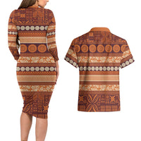 Fiji Marau na Kerisimasi Couples Matching Long Sleeve Bodycon Dress and Hawaiian Shirt Gold Tapa Masi Inspired Christmas - Polynesian Pride