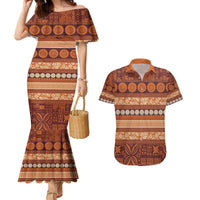 Fiji Marau na Kerisimasi Couples Matching Mermaid Dress and Hawaiian Shirt Gold Tapa Masi Inspired Christmas - Polynesian Pride
