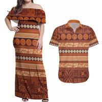 Fiji Marau na Kerisimasi Couples Matching Off Shoulder Maxi Dress and Hawaiian Shirt Gold Tapa Masi Inspired Christmas - Polynesian Pride