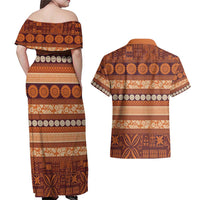 Fiji Marau na Kerisimasi Couples Matching Off Shoulder Maxi Dress and Hawaiian Shirt Gold Tapa Masi Inspired Christmas - Polynesian Pride