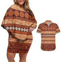 Fiji Marau na Kerisimasi Couples Matching Off Shoulder Short Dress and Hawaiian Shirt Gold Tapa Masi Inspired Christmas - Polynesian Pride