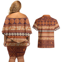 Fiji Marau na Kerisimasi Couples Matching Off Shoulder Short Dress and Hawaiian Shirt Gold Tapa Masi Inspired Christmas - Polynesian Pride