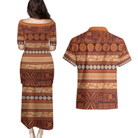 Fiji Marau na Kerisimasi Couples Matching Puletasi and Hawaiian Shirt Gold Tapa Masi Inspired Christmas - Polynesian Pride