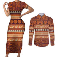 Fiji Marau na Kerisimasi Couples Matching Short Sleeve Bodycon Dress and Long Sleeve Button Shirt Gold Tapa Masi Inspired Christmas - Polynesian Pride