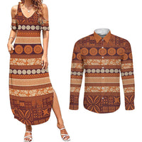 Fiji Marau na Kerisimasi Couples Matching Summer Maxi Dress and Long Sleeve Button Shirt Gold Tapa Masi Inspired Christmas - Polynesian Pride