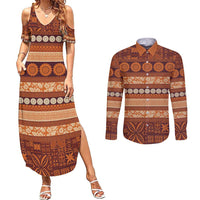 Fiji Marau na Kerisimasi Couples Matching Summer Maxi Dress and Long Sleeve Button Shirt Gold Tapa Masi Inspired Christmas - Polynesian Pride