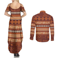Fiji Marau na Kerisimasi Couples Matching Summer Maxi Dress and Long Sleeve Button Shirt Gold Tapa Masi Inspired Christmas - Polynesian Pride
