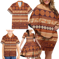 Fiji Marau na Kerisimasi Family Matching Off Shoulder Short Dress and Hawaiian Shirt Gold Tapa Masi Inspired Christmas - Polynesian Pride