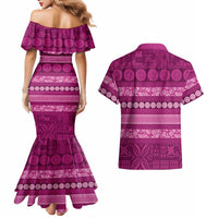 Fiji Marau na Kerisimasi Couples Matching Mermaid Dress and Hawaiian Shirt Pink Tapa Masi Inspired Christmas LT9 - Polynesian Pride