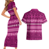 Fiji Marau na Kerisimasi Couples Matching Short Sleeve Bodycon Dress and Hawaiian Shirt Pink Tapa Masi Inspired Christmas - Polynesian Pride