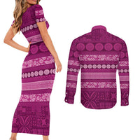 Fiji Marau na Kerisimasi Couples Matching Short Sleeve Bodycon Dress and Long Sleeve Button Shirt Pink Tapa Masi Inspired Christmas - Polynesian Pride