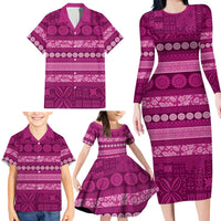 Fiji Marau na Kerisimasi Family Matching Long Sleeve Bodycon Dress and Hawaiian Shirt Pink Tapa Masi Inspired Christmas - Polynesian Pride