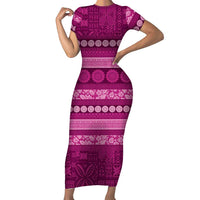 Fiji Marau na Kerisimasi Short Sleeve Bodycon Dress Pink Tapa Masi Inspired Christmas LT9 Long Dress Pink - Polynesian Pride