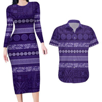 Fiji Marau na Kerisimasi Couples Matching Long Sleeve Bodycon Dress and Hawaiian Shirt Purple Tapa Masi Inspired Christmas - Polynesian Pride