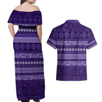 Fiji Marau na Kerisimasi Couples Matching Off Shoulder Maxi Dress and Hawaiian Shirt Purple Tapa Masi Inspired Christmas - Polynesian Pride