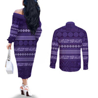 Fiji Marau na Kerisimasi Couples Matching Off The Shoulder Long Sleeve Dress and Long Sleeve Button Shirt Purple Tapa Masi Inspired Christmas - Polynesian Pride