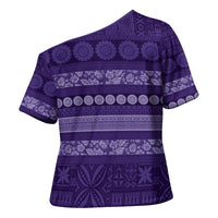 Fiji Marau na Kerisimasi Cross Shoulder Shirt Purple Tapa Masi Inspired Christmas LT9 - Polynesian Pride