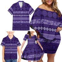 Fiji Marau na Kerisimasi Family Matching Off Shoulder Short Dress and Hawaiian Shirt Purple Tapa Masi Inspired Christmas - Polynesian Pride