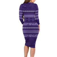 Fiji Marau na Kerisimasi Long Sleeve Bodycon Dress Purple Tapa Masi Inspired Christmas - Polynesian Pride