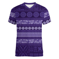 Fiji Marau na Kerisimasi Women V-Neck T-Shirt Purple Tapa Masi Inspired Christmas - Polynesian Pride