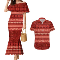 Fiji Marau na Kerisimasi Couples Matching Mermaid Dress and Hawaiian Shirt Red Tapa Masi Inspired Christmas LT9 Red - Polynesian Pride