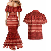 Fiji Marau na Kerisimasi Couples Matching Mermaid Dress and Hawaiian Shirt Red Tapa Masi Inspired Christmas LT9 - Polynesian Pride
