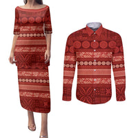 Fiji Marau na Kerisimasi Couples Matching Puletasi and Long Sleeve Button Shirt Red Tapa Masi Inspired Christmas LT9 Red - Polynesian Pride