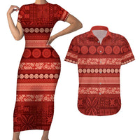 Fiji Marau na Kerisimasi Couples Matching Short Sleeve Bodycon Dress and Hawaiian Shirt Red Tapa Masi Inspired Christmas - Polynesian Pride