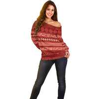 Fiji Marau na Kerisimasi Off Shoulder Sweater Red Tapa Masi Inspired Christmas - Polynesian Pride