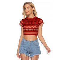 Fiji Marau na Kerisimasi Raglan Cropped T Shirt Red Tapa Masi Inspired Christmas LT9 Female Red - Polynesian Pride
