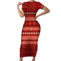 Fiji Marau na Kerisimasi Short Sleeve Bodycon Dress Red Tapa Masi Inspired Christmas LT9 Long Dress Red - Polynesian Pride