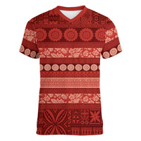 Fiji Marau na Kerisimasi Women V-Neck T-Shirt Red Tapa Masi Inspired Christmas - Polynesian Pride