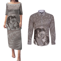 New Zealand Mother's Day Couples Matching Puletasi and Long Sleeve Button Shirt Maori Mo Toku Mama Silver Fern LT9 Nude - Polynesian Pride