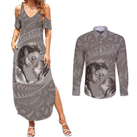New Zealand Mother's Day Couples Matching Summer Maxi Dress and Long Sleeve Button Shirt Maori Mo Toku Mama Silver Fern LT9 Nude - Polynesian Pride