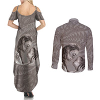 New Zealand Mother's Day Couples Matching Summer Maxi Dress and Long Sleeve Button Shirt Maori Mo Toku Mama Silver Fern LT9 - Polynesian Pride