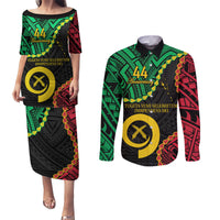 Personalised Vanuatu 44th Anniversary Couples Matching Puletasi and Long Sleeve Button Shirt Tugeta Yumi Selebretem Indipendens Dei LT9 Black - Polynesian Pride