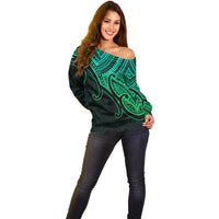 Aotearoa Maori Koru Off Shoulder Sweater Polynesian Pacific Tribal - Green LT9 - Polynesian Pride