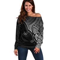 Custom Aotearoa Maori Koru Off Shoulder Sweater Polynesian Pacific Tribal - Black LT9 Women Black - Polynesian Pride