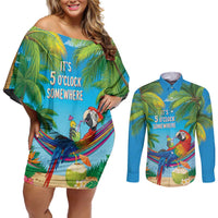 5 Oclock Somewhere Couples Matching Off Shoulder Short Dress and Long Sleeve Button Shirt Hawaii Parrots Cocktail Summer Beach Vibe LT9 Blue - Polynesian Pride