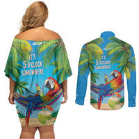 5 Oclock Somewhere Couples Matching Off Shoulder Short Dress and Long Sleeve Button Shirt Hawaii Parrots Cocktail Summer Beach Vibe LT9 - Polynesian Pride