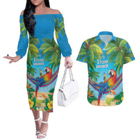 5 Oclock Somewhere Couples Matching Off The Shoulder Long Sleeve Dress and Hawaiian Shirt Hawaii Parrots Cocktail Summer Beach Vibe - Polynesian Pride