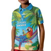 5 Oclock Somewhere Kid Polo Shirt Hawaii Parrots Cocktail Summer Beach Vibe - Polynesian Pride