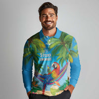 5 Oclock Somewhere Long Sleeve Polo Shirt Hawaii Parrots Cocktail Summer Beach Vibe - Polynesian Pride